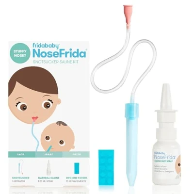 Image of Frida Baby NoseFrida the SnotSucker Saline Bundle: Nasal Aspirator for Baby, Nose Sucker, + 10 Hygiene Filters 20ml All Natural Spray