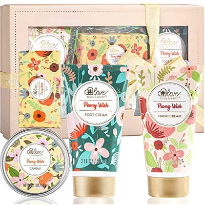 Image of Hand Cream Gift Set 4 Pack Peony Scent Gifts for women Include Cream, Foot Soap, Scented Candles Birthday Her