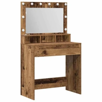 Image of vidaXL Rustic Vanity Table Solid Reclaimed Wood Dressing with Mirror &amp; LED Lights Bedroom Furniture, Brown, 79 x 41 135 cm