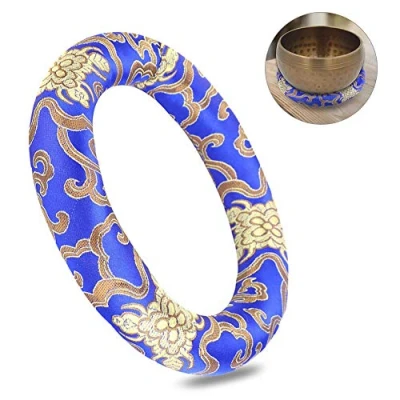 Image of Singing Bowl Pillow Ring Cushion Silk Brocade 16cm Round Meditation for Tibetan Hand Made Nepal(Blue)