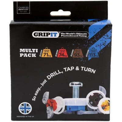 Image of Gripit Assorted Plasterboard Fixings Pack of 32 Heavy Duty for Drywall &amp; Stud Walls, Holds Up to 113kg Mounting TVs, Curtains Shelfs Easy Install UK Designed