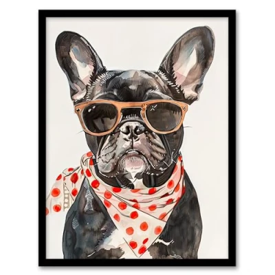Image of Artery8 Dog Lover French Bulldog with Sunglasses Bandana Living Room Artwork Framed Wall Art Print 18X24 Inch