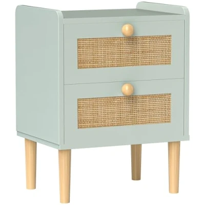 Image of HOMCOM Bedroom Chest of Drawers, Boho Rattan Dresser with 2 Storage Cabinet for Living Room, Hallway, Entryway, Light Blue