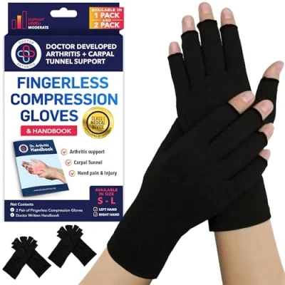 Image of Doctor Developed Arthritis Gloves for Women &amp; Men/Compression Men/Fingerless Gloves/Arthritis Pain Relief Hands, With Handbook (2 Pairs, L)