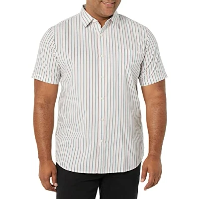 Image of Amazon Essentials Men&#039;s Slim Fit Short Sleeve Poplin Shirt, Pink Teal Blue Stripes, S