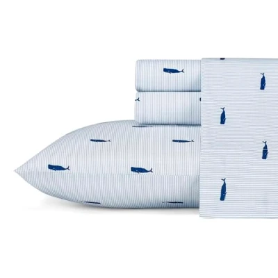 Image of Nautica Cotton Percale Bedding Set, Crisp &amp; Cool, Lightweight Breathable, 100%, Whale Stripe Blue/White, Twin