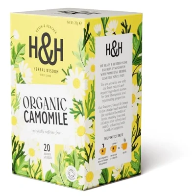Image of Heath &amp; Heather Organic Camomile Teabags Individually Wrapped Caffeine Free Herbal Tea Infusion 1 Pack of 20, Total 20 Bags