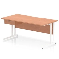 Image of Impulse 1600 x 800mm Scalloped Edge Straight Office Desk Beech Top White Cantilever Leg Workstation 1 Drawer Fixed Pedestal