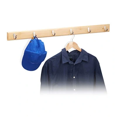 Image of Relaxdays Bamboo Wall Hook Bar, Natural Grain, Metal Hooks, Hallway Coat Rack, Towel Holder, 6 HWD: 6x88x5cm,
