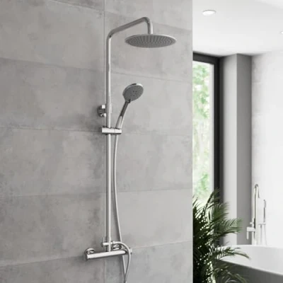 Image of BAYSTONE Bathroom Mixer Shower Thermostatic Dual Head Round Rainfall Handset Chrome