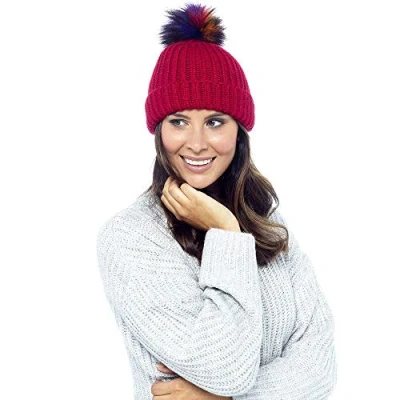 Image of Ladies Foxbury Chunky Ribbed Beanie Hat with Multi Coloured Fur Bobble GL549 Apple Red