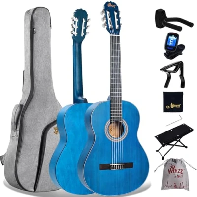 Image of Winzz 4/4 Full Size Classical Spanish Guitar for Adults Beginners with Complete Accessories (39 Inches, Matte Blue)