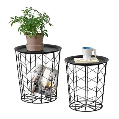 Image of [en.casa] Set of 2 Metal basket side tables &#039;Cerisey&#039; with tray Black table Coffee Serving Sofa