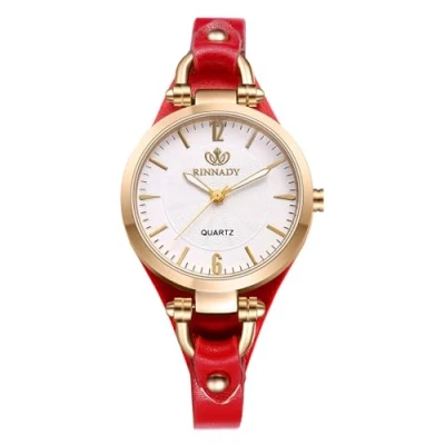 Image of JewelryWe Women Punk Leather Watch: Red Vintage Gothic Analog Quartz Watches Steampunk Retro Casual Bracelet Cuff Wristwatch