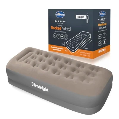 Image of Silentnight Single Air Bed with Built in Electric Pump Raised Flocked Inflatable Blow Up Camping Airbed Soft Touch Top, Fast Inflation and Storage Bag for Caravans &amp; Guest Rooms, Gray