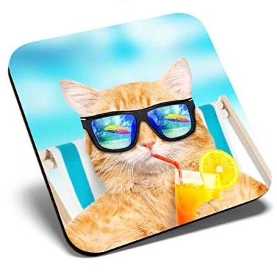Image of Great Single Coaster Square Funny Ginger Cat Sunbathing Glossy Quality Coasters Tabletop Protection for Any Table Type #14582