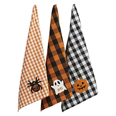 Image of DII Embellished Cotton Kitchen Hand Towel Set, Spooky Farmhouse Buffalo Check, 18x28