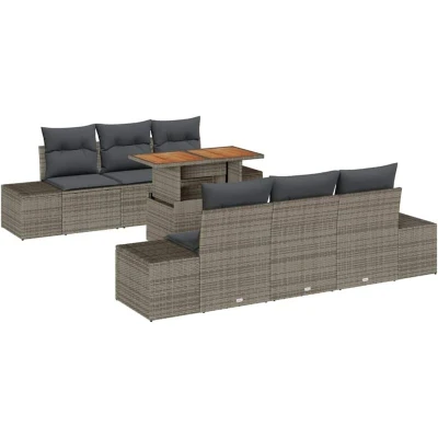 Image of vidaXL 7 Piece Garden Dining Set with Cushions Grey Poly Rattan Acacia