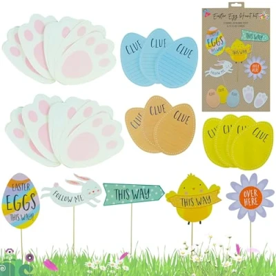 Image of 35Pcs Easter Hunt Sign Markers, Spring Holiday Activity Set, Arrow Garden Signs, Bunny Feet and Clue Cards Outdoor Decorations, Yard Sidewalk Signs Party Decoration
