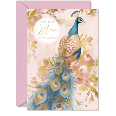 Image of Mom Birthday Card Gold Peacock Beautiful Happy for from Daughter Son, A5 Female Bird Bday Golden Greeting Cards