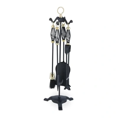 Image of Relaxdays Fireplace Tool Set, 5 Pieces, Poker, Ash Shovel, Broom, Stand, Tongs, Iron, Sturdy Base, Baroque, Black/Gold, 68 x 20 cm