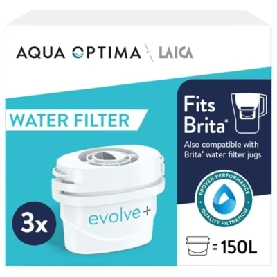 Image of Aqua Optima EPS319 Optima, Evolve+ 3 Pack (3 Months Supply) Water Filter Cartridge Compatible with Brita, Maxtra+ &amp; PerfectFit, White