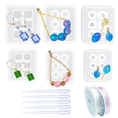 Image of Woohome 6 PCS Cube Square Oval Beads Resin Molds with Hole, 5 Droppers and 2 Roll String for Gemstone Cabochon Jewelry Casting
