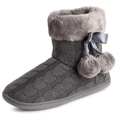 Image of Polar Womens Memory Foam Pom Winter Faux Fur Luxury Plush Cosy Anti Slip Indoor Outdoor Slippers Grey Knitetd UK7/EU40 YC0715