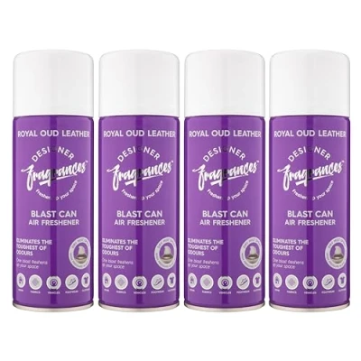 Image of Designer Fragrances 4 Pack Royal Oud Leather Air Freshener Blast Cans For Home &amp; Vehicles Natural Oils, Luxury Lasting Smell, Dry Mist Quick Release Spray Deodorise Neutralise Odours 400ml