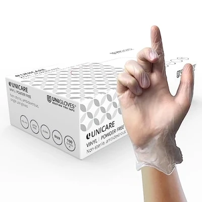 Image of Unigloves Unicare Vinyl Multipurpose Disposable Gloves, Powder Free, Latex Medium Weight, Box of 100 Clear, Size Small (GS0062)