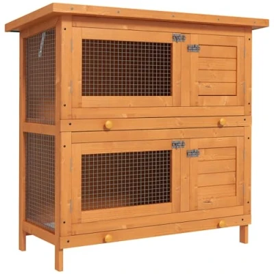 Image of PawHut 2 Tier Double Decker Wooden Rabbit Hutch Pet Cage Guinea Pig with Sliding Tray Opening Top