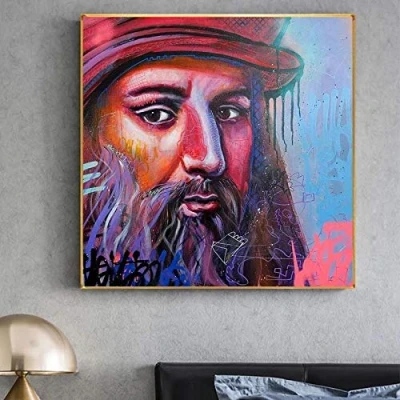 Image of XuFan Abstract Graffiti Art Canvas Paintings Modern Street Posters Prints Watercolor colorful Bearded man Pictures Wall Decor 60x60cm No Frame