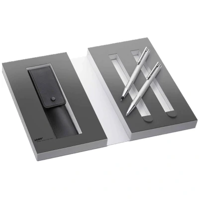 Image of Lamy Logo Set Brushed Ballpoint Pen 206 Including Large Refill M 16 Black and Mechanical Pencil 106 with Fine Line Lead 40 (0.7 mm) Leather Case Gift Packaging