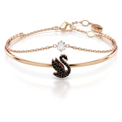 Image of Swarovski Swan bangle, Swan, Black, Rose gold tone plated