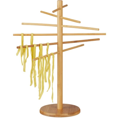 Image of Relaxdays Bamboo Pasta Drying Rack, 12 Arms, Noodle Stand, Spaghetti &amp; Fettuccini, 41 cm Tall, Wooden, Natural