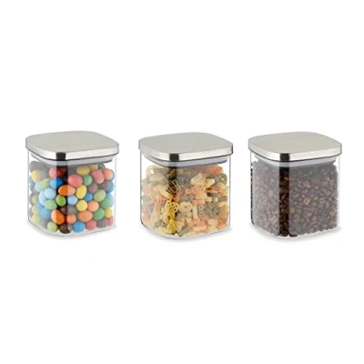 Image of Relaxdays Set 3 Storage Jars, 70% glass 20% stainless steel 10% silicone, Transparent/Silver, 11 x 10.5 cm