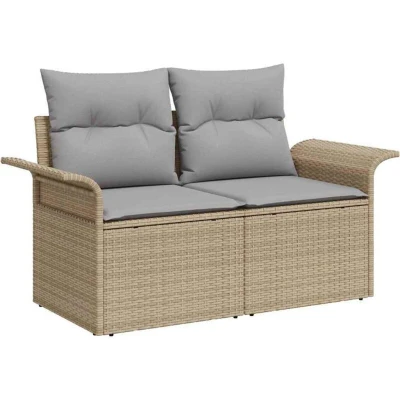 Image of vidaXL 2 Seater Garden Sofa with Storage &amp; Cushions Beige Poly Rattan