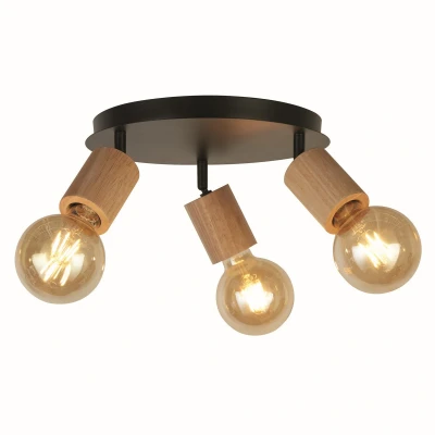 Image of Spinny 3 Light Round Spotlight Wood &amp; Black Metal