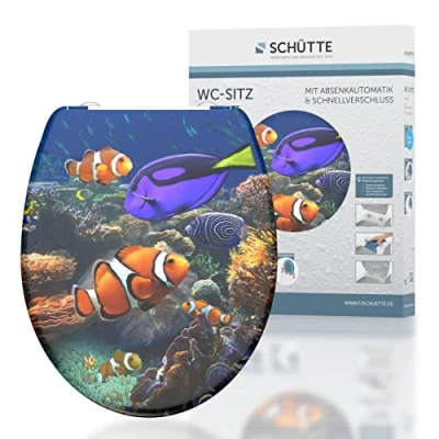 Image of Schütte SEA Life 82372 Duroplast Toilet Seat with Soft Close Mechanism and Quick Release for Easy Cleaning, Maximum Load 150 kg, Fish Motif