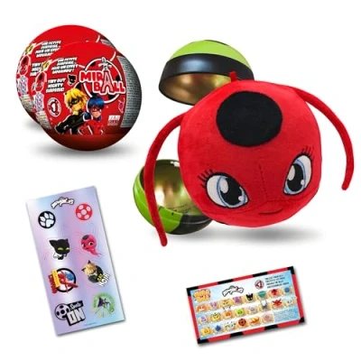 Image of Miraculous Ladybug, 4 1 Capsule Collectible Toy, [PACK OF 2], Surprise Miraball with expanding Plush Kwami, Character Metal Case, Glittery Stickers &amp; hanging Display Ribbon
