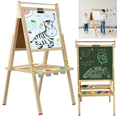 Image of Kids Wooden Art Easel Double Sided Whiteboard and Chalkboard Adjustable Standing Painting Drawing Board with Paper Roll Holder Magnetic Letters Numbers Accessories