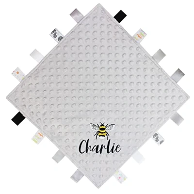 Image of TeddyTs Personalised Bumble Bee Baby Taggy Ribbon Comforter Blanket, Grey &amp; Gold, 36cm