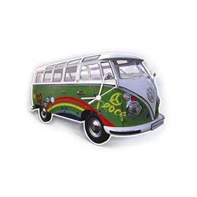 Image of BRISA VW Collection Volkswagen Wall Workshop Clock Timepiece in T1 Bus Campervan Design (Peace/Multicolor)