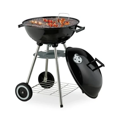 Image of Relaxdays Kettle BBQ Grill, Ø 44 cm, Cooking Grate, Ash Collector, Charcoal Barbecue on Wheels, Garden &amp; Patio, Black, Steel, Plastic, Stainless steel