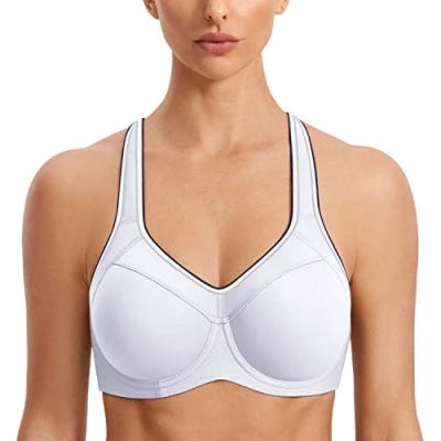 Image of SYROKAN Women&#039;s High Impact Sports Bra Underwire Full Support Racerback Padded Running White 38D