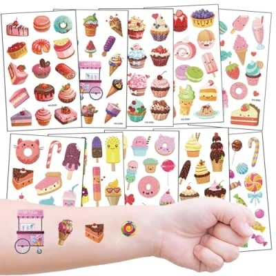 Image of Glitter Temporary Tattoos for Kids, 10 Sheets Dessert Cake Donut Ice Cream Transfer Boys Girls, Party Bag Fillers, Supplies, Small Gifts