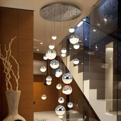 Image of Sphere Dimmable 27 Light Integrated LED Pendant Cluster Drop, Chrome Copper, Satin Brass, Bluetooth control