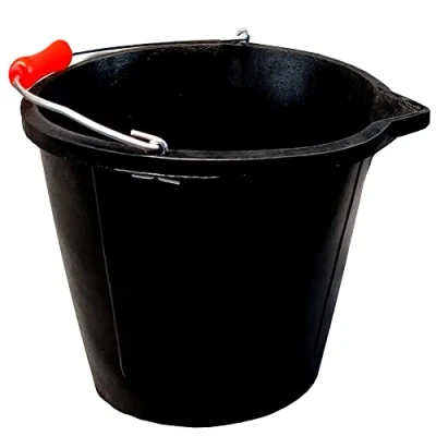 Image of Rubber Bucket Black Flexible Heavy Duty Builders 14L 3 Gallon with Pouring Lip for Concrete, Cement, Animal Feed, Garden and Home