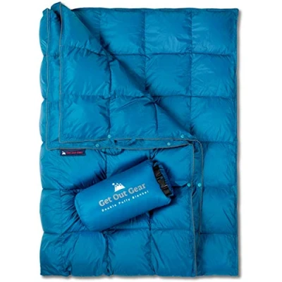 Image of Get Out Gear Double Puffy Camping Blanket Extra Puffy, Packable, Lightweight and Warm Ideal for Outdoors, Travel, Stadium, Festivals, Beach, Hammock Water Resistant Camp Quilt (Teal Blue/Gray)