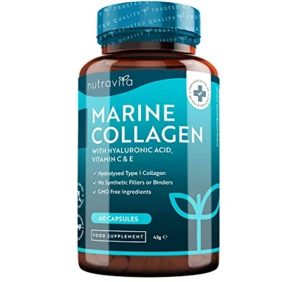 Image of Marine Collagen 1000mg 60 Capsules of Superior Type 1 Hydrolysed Enhanced with Hyaluronic Acid, Vitamin C, E, B2, Zinc, Copper and Iodine Made in The UK by Nutravita